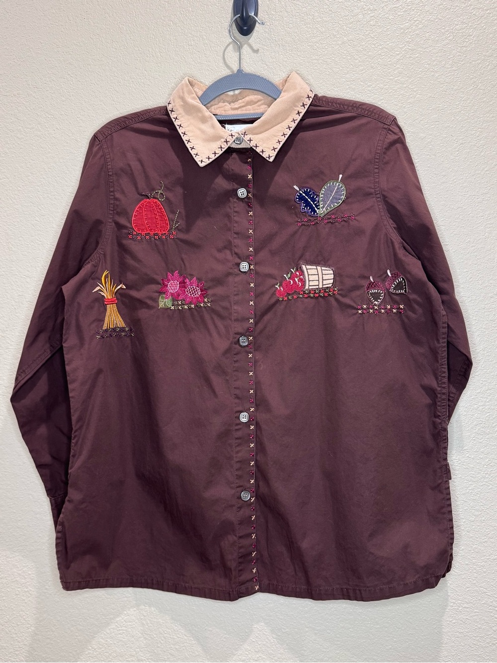 Vintage Bobbie Brooks Fall Harvest Embroidered Brown Button Up 14/16W